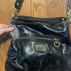 Coach Black Patent Shoulder Bag with Gold Heart Charm
